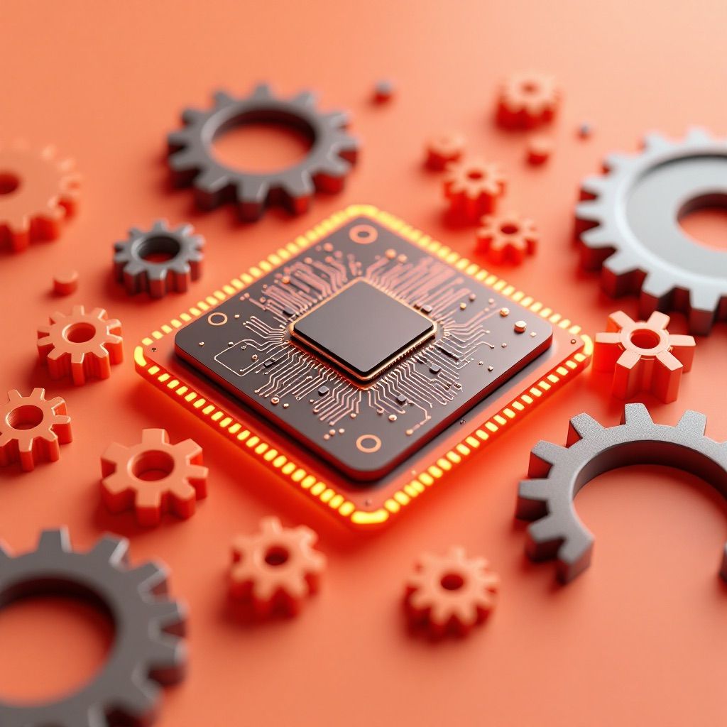 Peach and charcoal gears around a microchip
