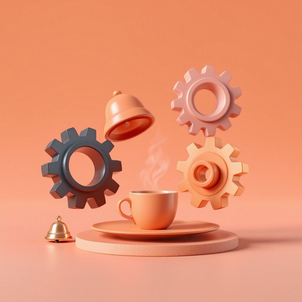 Peach and charcoal gears with a plate, a coffee cup and a bell